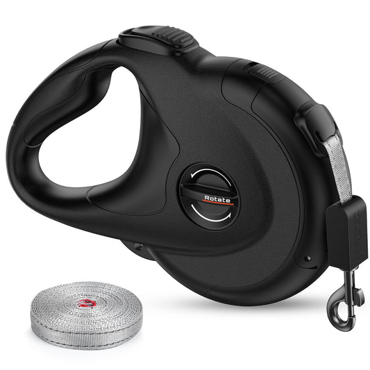 Black Retractable Dog Leash - Ergonomic Handle with Rotate Button, Reflective Nylon Cord Coiled Beside, 16ft Extendable Lead
