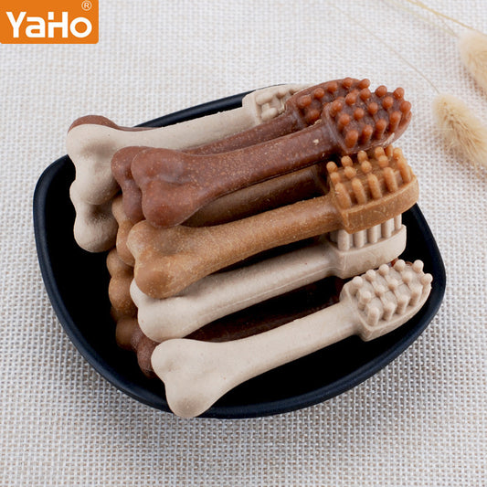 Mixed Flavor Dog Treats - Bone-Shaped Chews in White, Tan, Brown Colors with Textured Ends on Black Plate