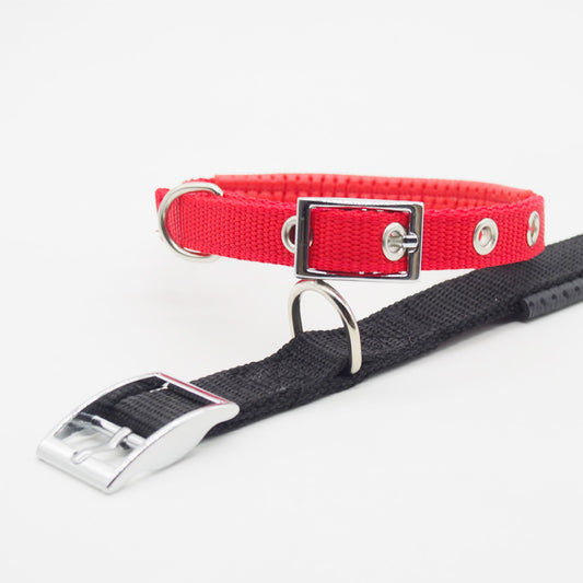 Red and Black Nylon Dog Collars - Silver Metal Buckles with D-Rings, Multiple Adjustment Holes, Reflective Stitching Detail