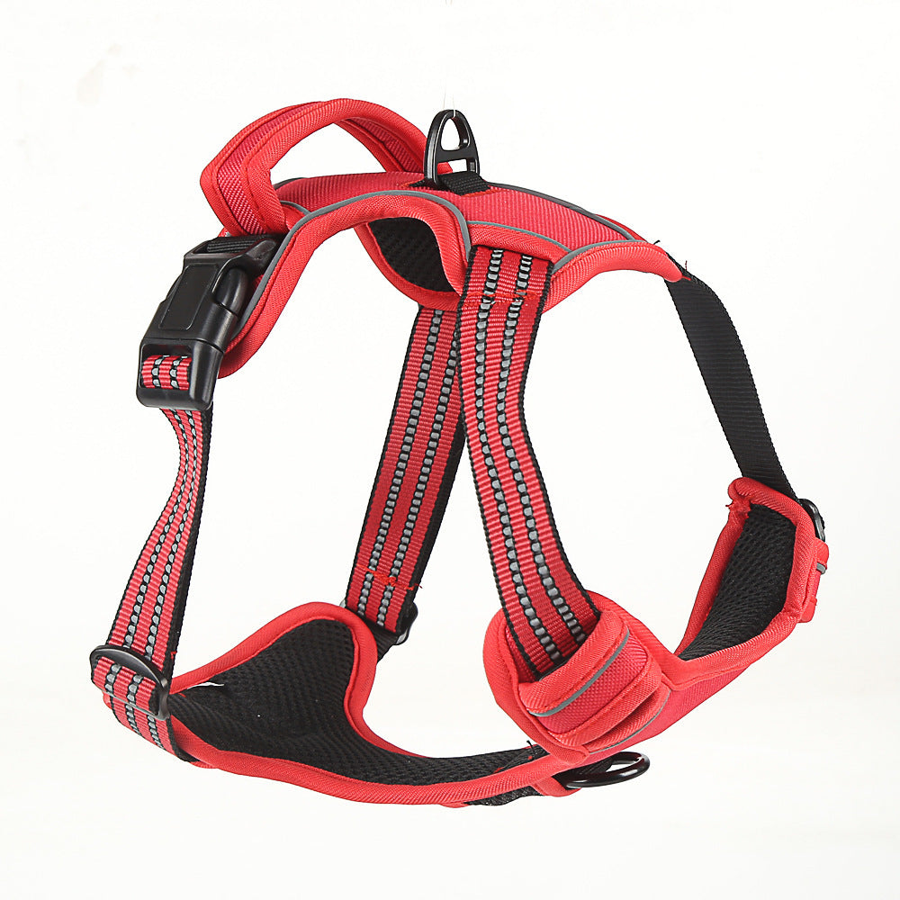 Fluorescent Red Reflective Dog Harness - No-Pull Design with Adjustable Straps and Reflective Strips