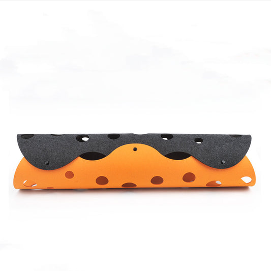 "Collapsible pet tunnel toy in orange and gray felt - flat view showing dual-layer design with multiple peepholes for cats"