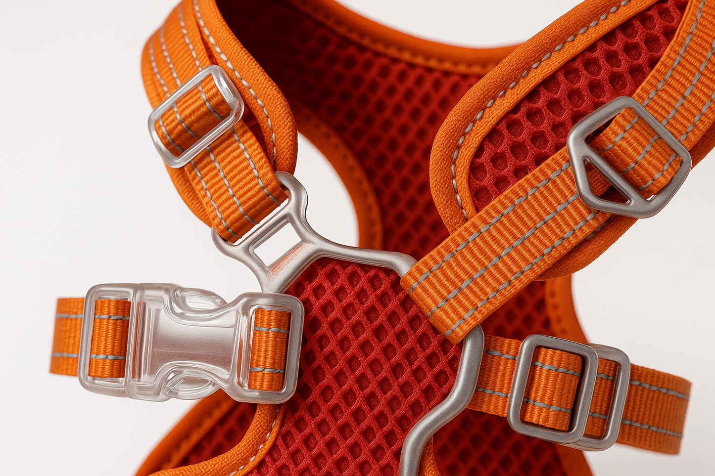 "Close-up of reflective dog harness showing transparent buckles, adjustable straps, triangle fasteners, and breathable diamond mesh material"