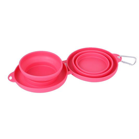 Pink Collapsible Double Bowl - One Bowl Expanded, One Bowl Collapsed, Showing Flexible Silicone Design with Carabiner