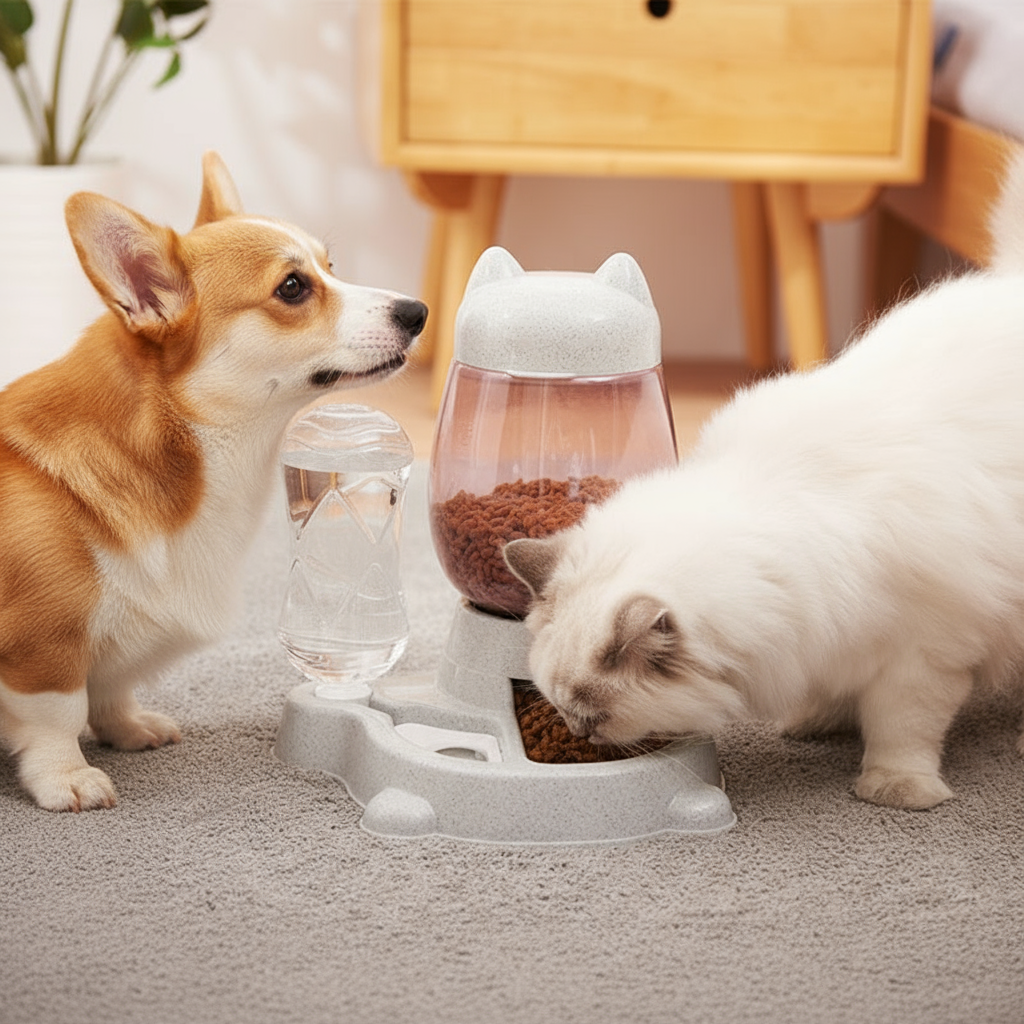 "Cat and Dog Using Pink Automatic Feeder Together - Dual Pet Feeding Solution"