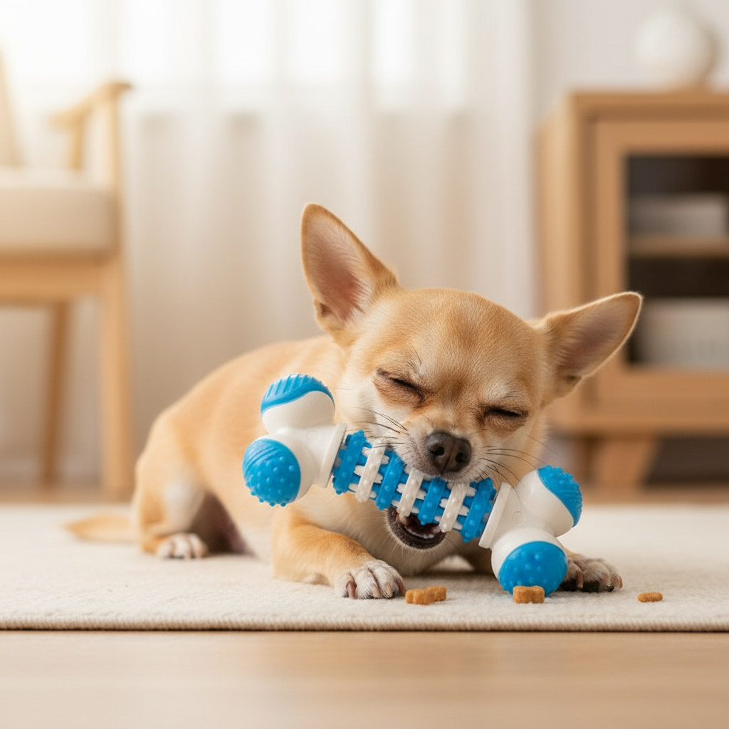 "Chihuahua Dog Chewing Blue Interactive Toy - Small Dog with Treat Dispenser"