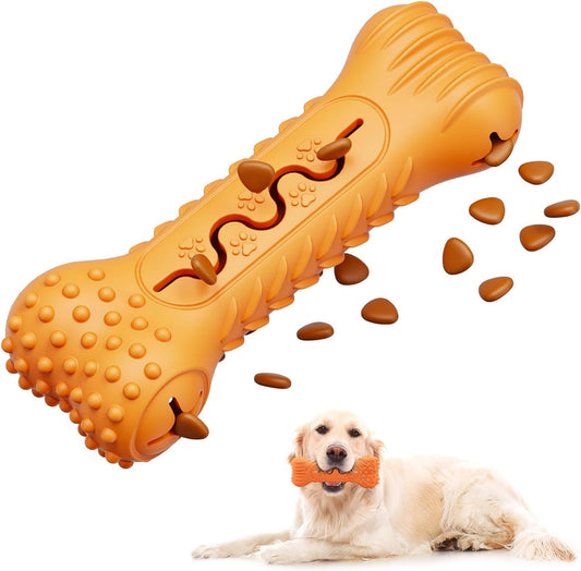 Treat Dispenser Demonstration - Orange Rubber Bone with Treats Falling Out, Golden Retriever Holding Toy, Showing Puzzle Feature