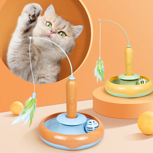 Cat Playing with Turntable Toy - British Shorthair Batting Feather, Orange-Blue and Yellow-Green Color Options Shown