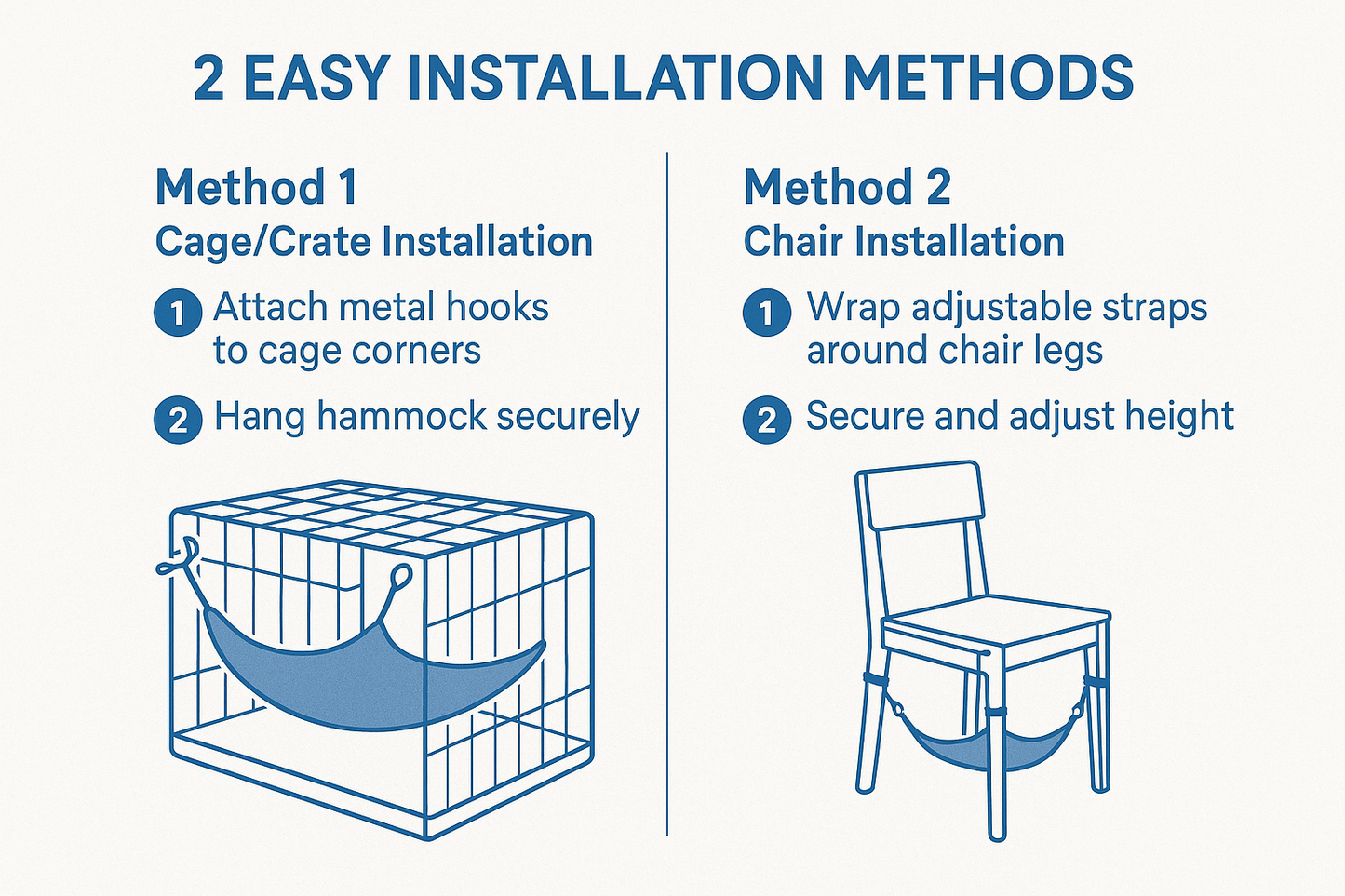 "Pet hammock installation guide: Method 1 - attach metal hooks to cage corners, Method 2 - wrap adjustable straps around chair legs for under-chair mounting"