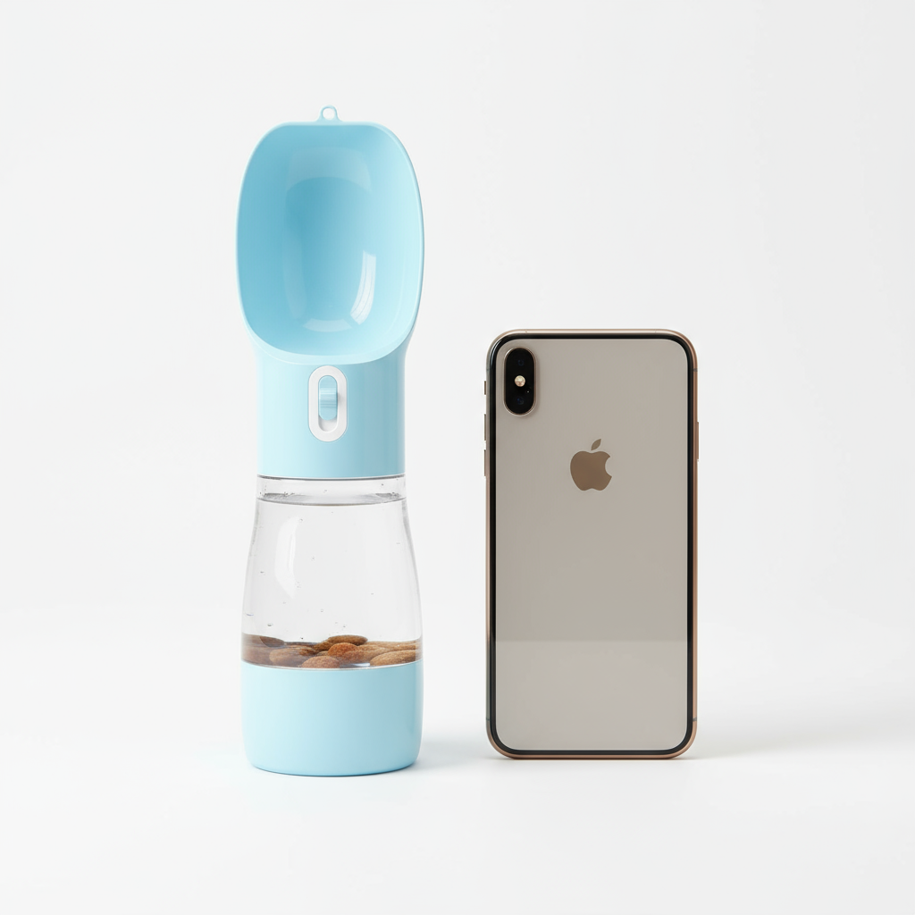 "Portable dog water bottle size comparison with iPhone - compact 2-in-1 design perfect for travel"