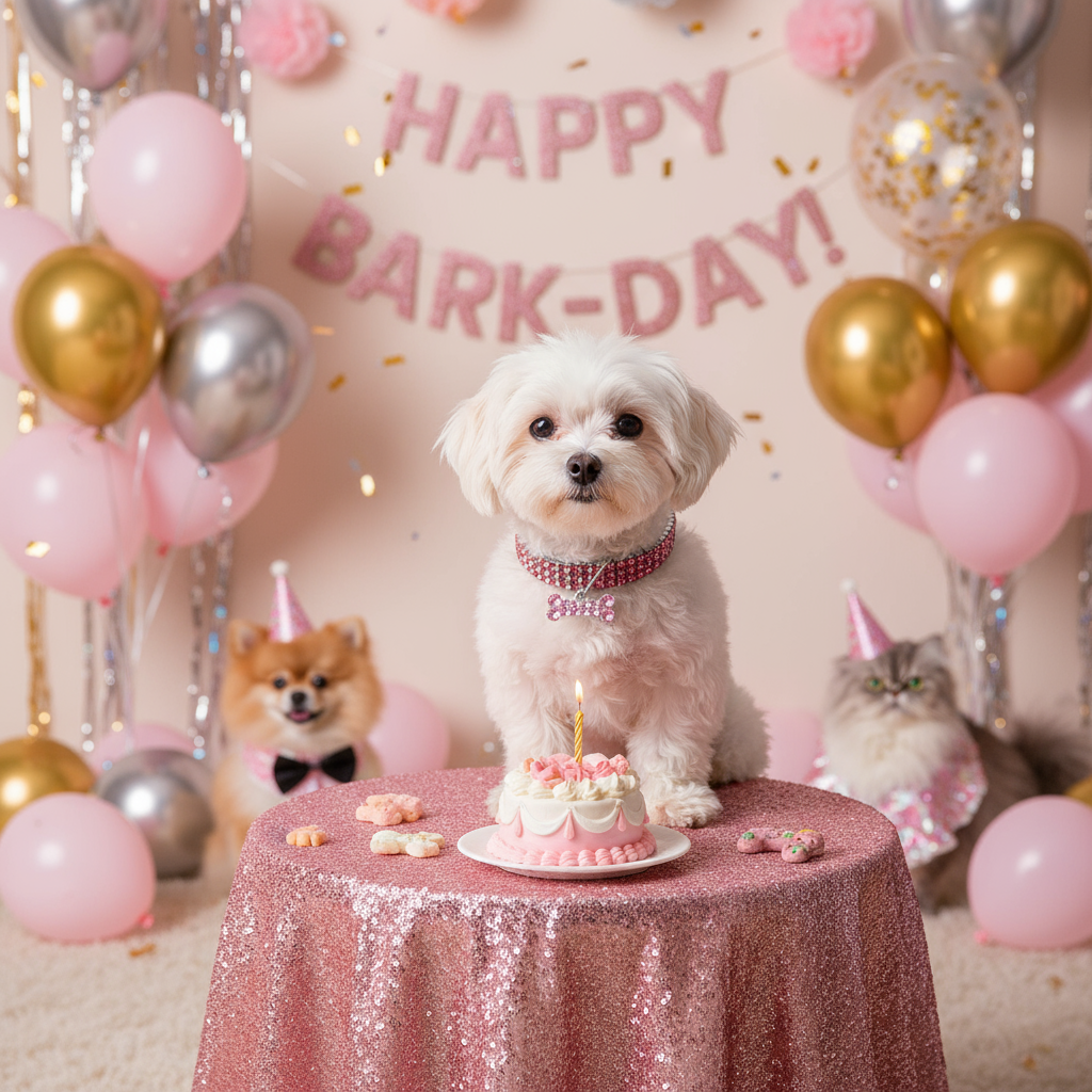 "White Dog Wearing Bling Collar at Birthday Party - Glamorous Pet Celebration"