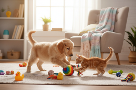 Happy dog and cat playing together with colorful toys in cozy home for daily pet entertainment