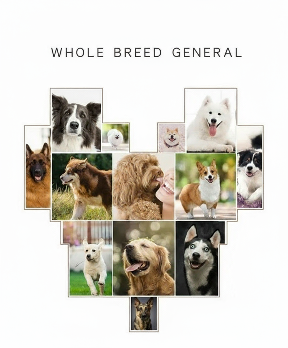 Whole Breed General dog breed guide showing a collection of popular dog breeds - Border Collie, Samoyed, Pomeranian, German Shepherd, Golden Retriever, Corgi, Husky and more purebred dogs"