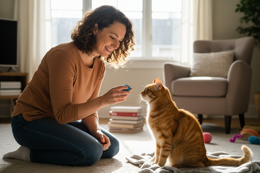 Woman sitting on floor training an orange tabby cat with a clicker in a bright living room with toys scattered around