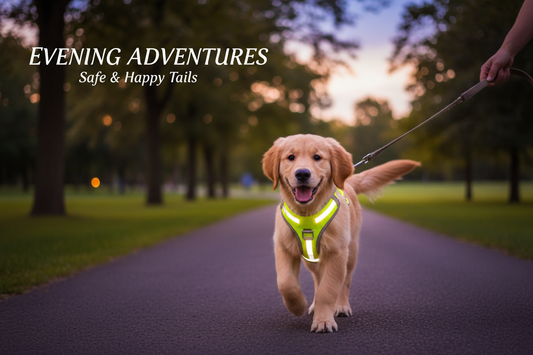 Happy puppy wearing reflective mesh dog harness during evening walk