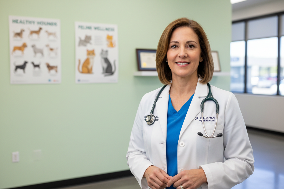 Professional veterinarian Dr. Sarah Mitchell in white coat with stethoscope at veterinary clinic for pet health advice