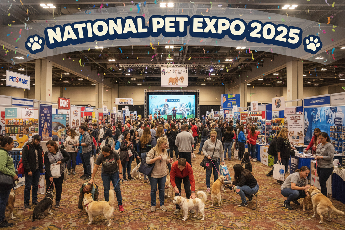 "National Pet Expo 2025 convention center with crowds of pet owners, dogs, and vendor booths showcasing pet products"