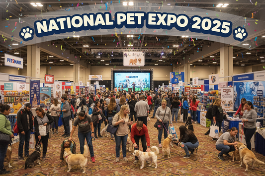 "National Pet Expo 2025 convention center with crowds of pet owners, dogs, and vendor booths showcasing pet products"