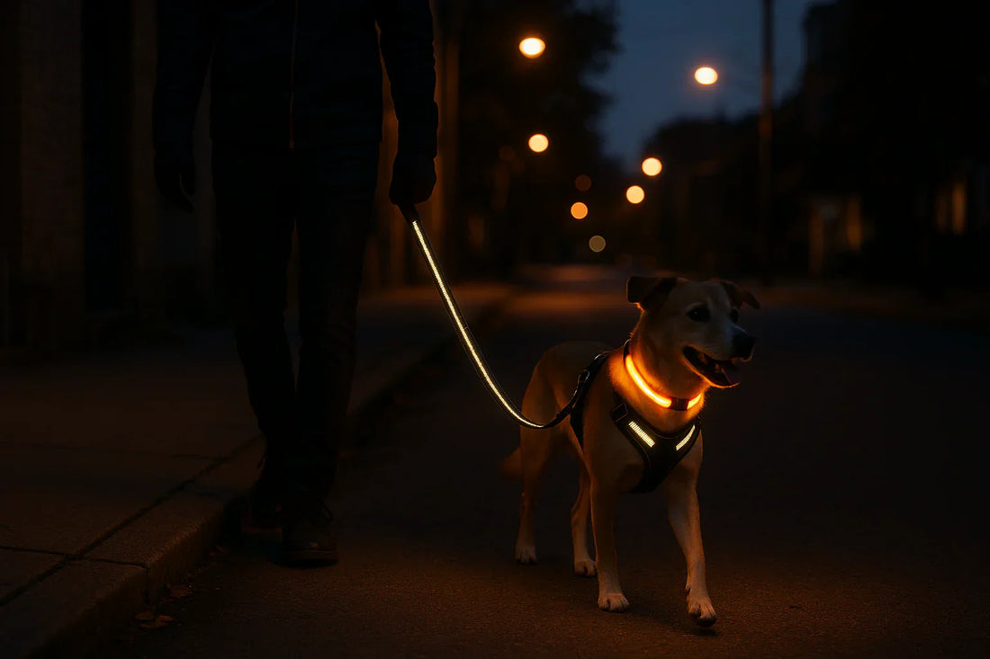 Dog wearing reflective orange LED collar and harness walking at night for safety visibility