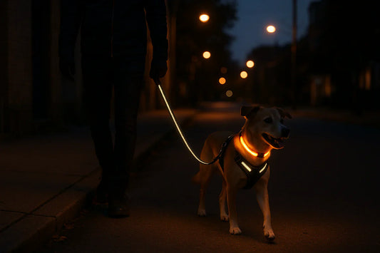 Dog wearing reflective orange LED collar and harness walking at night for safety visibility
