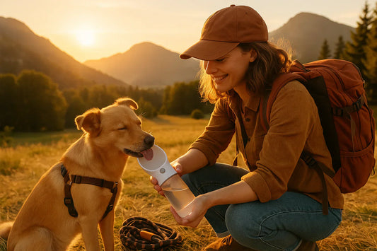 Woman hiker sharing water from portable bottle with her dog in golden sunset mountain landscape, showcasing pet-friendly outdoor adventure