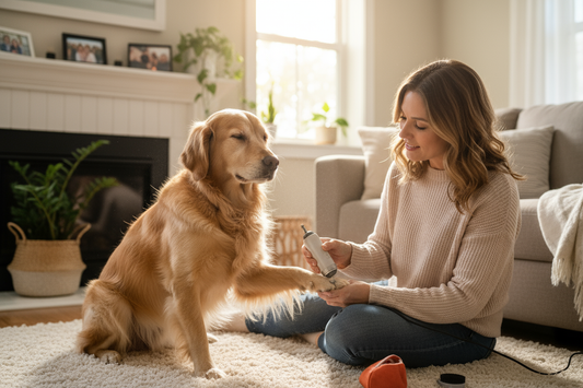 Woman trimming golden retriever dog nails at home in bright living room for proper pet grooming care
