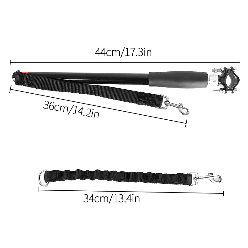 Product Dimensions - Bicycle Attachment 44cm/17.3in, Leash 36cm/14.2in, Elastic Cord 34cm/13.4in, Stainless Steel Clamp and Spring Buffer
