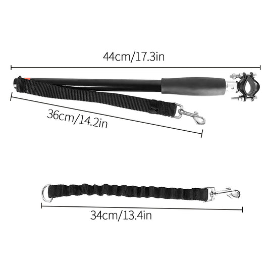 Product Dimensions - Bicycle Attachment 44cm/17.3in, Leash 36cm/14.2in, Elastic Cord 34cm/13.4in, Stainless Steel Clamp and Spring Buffer
