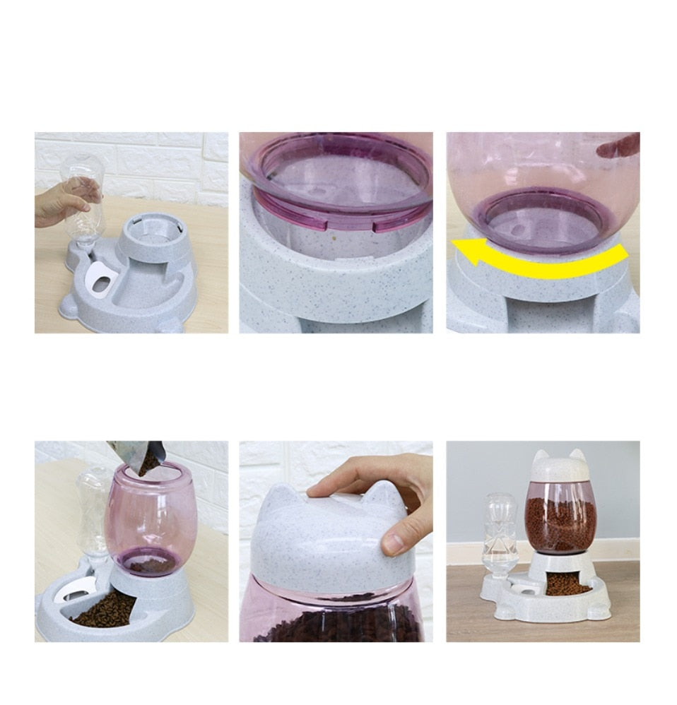 How to Use and Clean - Six Step Guide: Filling Water, Removing Lid, Rotating Mechanism, Food Dispensing, Cleaning Base, Complete Setup
