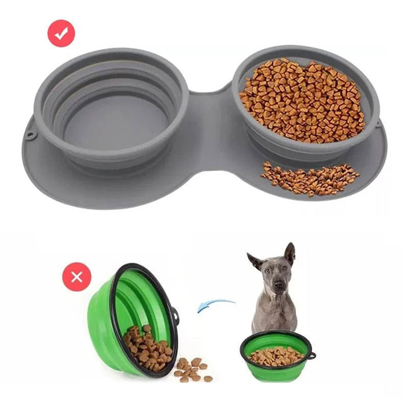 Correct Usage - Gray Double Bowl with Non-Slip Mat (Correct) vs Single Green Bowl Without Mat (Incorrect), Spill Prevention Demonstration
