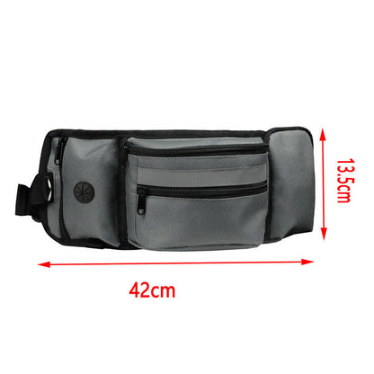 Dog Walking Fanny Pack Dimensions - 42cm Width x 13.5cm Height, Gray Waist Bag with Multiple Zippered Pockets and Side Compartments
