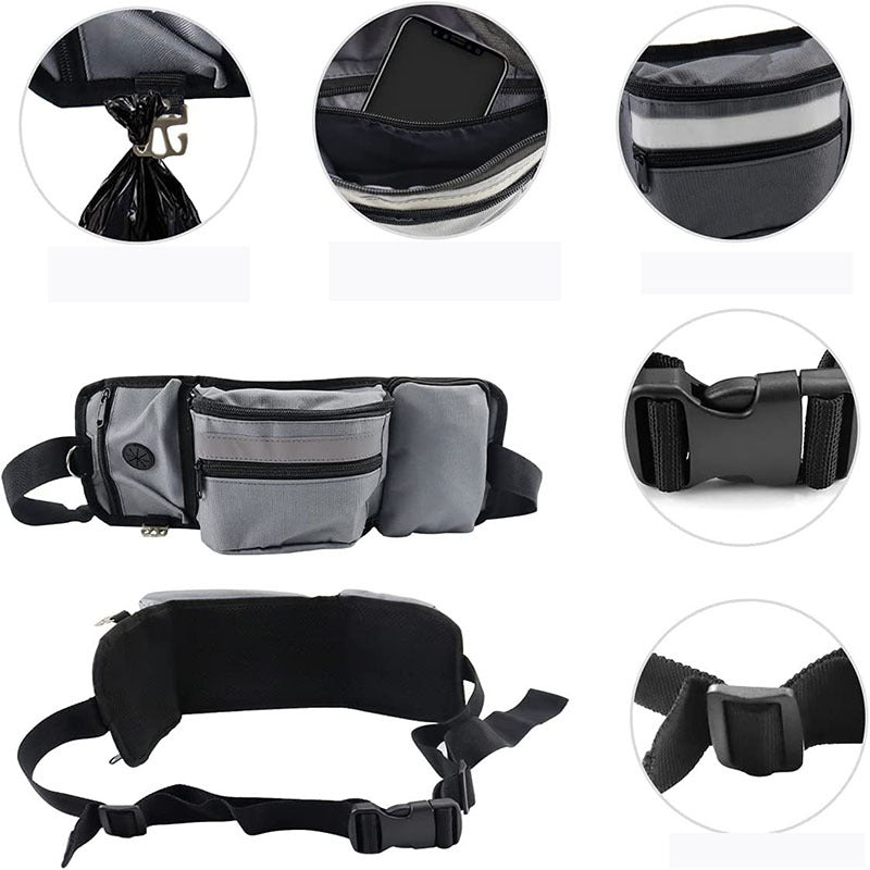 Product Features Detail - Poop Bag Dispenser with D-Ring, Phone Storage Pocket, Reflective Strips, Adjustable Buckle Strap, Gray and Black Color Options
