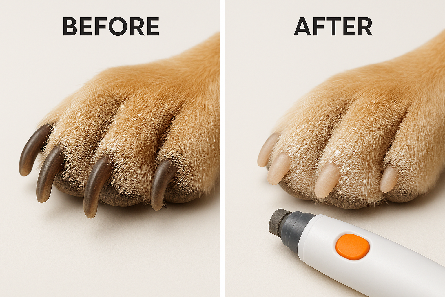 "Dog nail before and after grinding - smooth trimmed nails using electric pet nail grinder"
