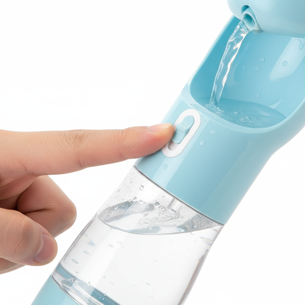 "Portable dog water bottle one-hand operation - close-up showing button press and water dispensing feature"
