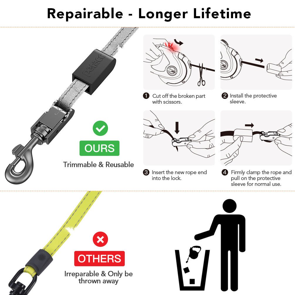 Repairable vs Irreparable - Trimmable Reusable Rope with 4-Step Repair Guide vs Disposable Leash, Eco-Friendly Longer Lifetime Design
