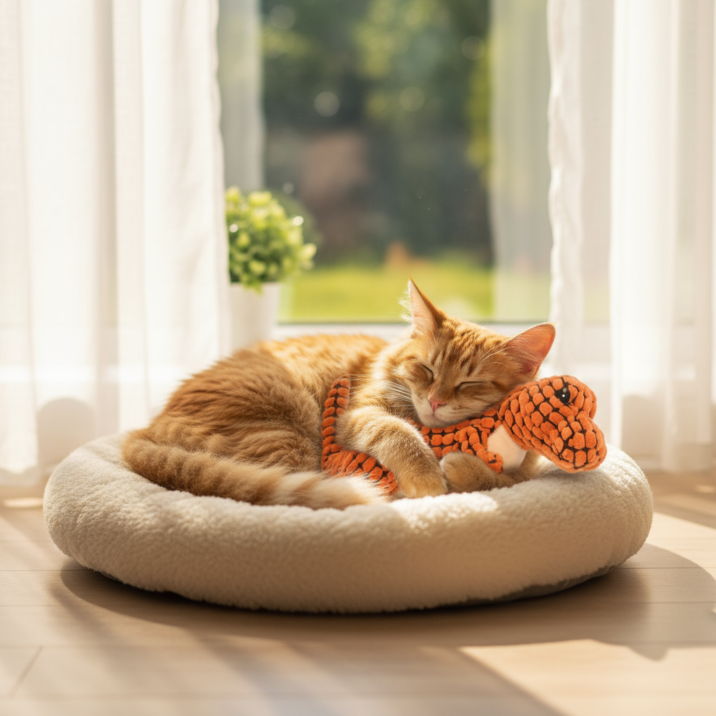 Cat Cuddling with Orange Dinosaur Plush Toy - Comfort and Companionship Pet Toy

