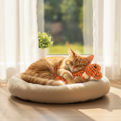 Cat Cuddling with Orange Dinosaur Plush Toy - Comfort and Companionship Pet Toy
