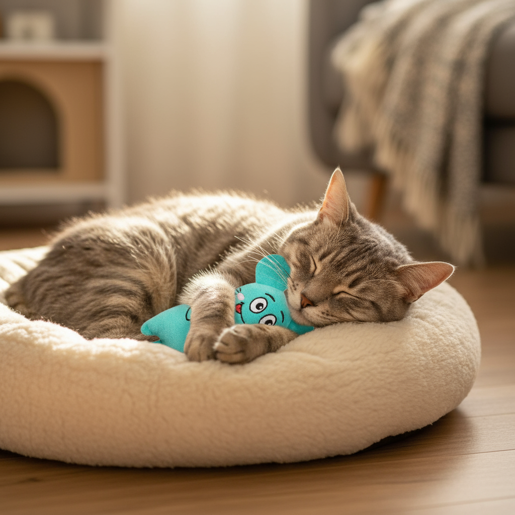 "Gray Cat Cuddling Plush Toy While Sleeping - Comfort and Companionship"