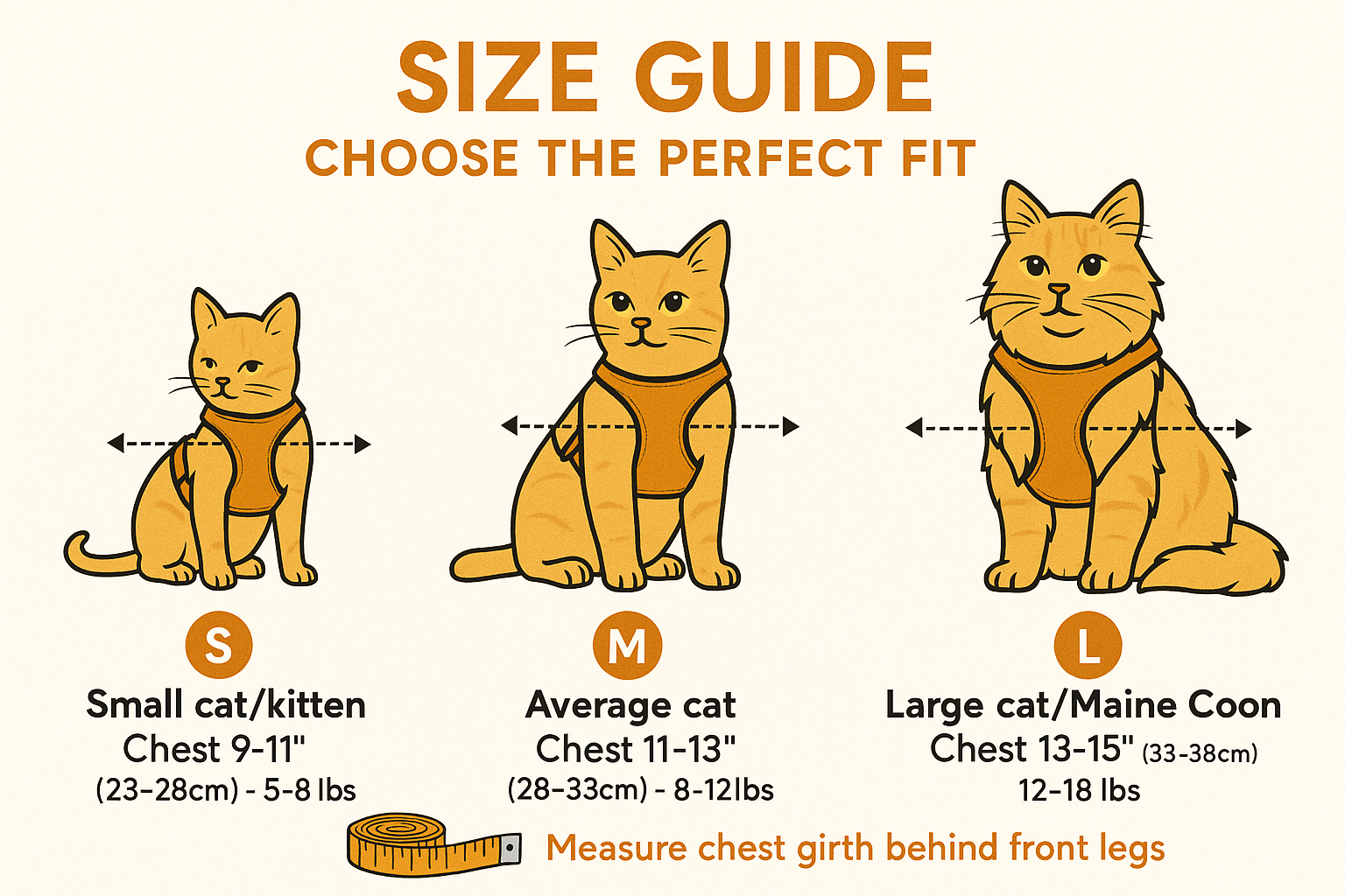 "Cat harness size guide: Small for kittens (chest 9-11\", 5-8 lbs), Medium for average cats (chest 11-13\", 8-12 lbs), Large for Maine Coon (chest 13-15\", 12-18 lbs) - measure chest girth behind front legs"
