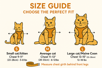 "Cat harness size guide: Small for kittens (chest 9-11\", 5-8 lbs), Medium for average cats (chest 11-13\", 8-12 lbs), Large for Maine Coon (chest 13-15\", 12-18 lbs) - measure chest girth behind front legs"
