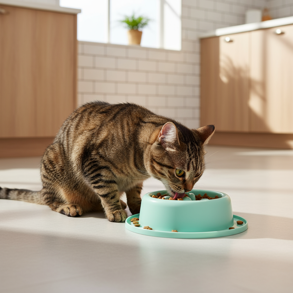 "Tabby Cat Eating from Mint Green Slow Feeder Bowl - Natural Slow Eating Behavior