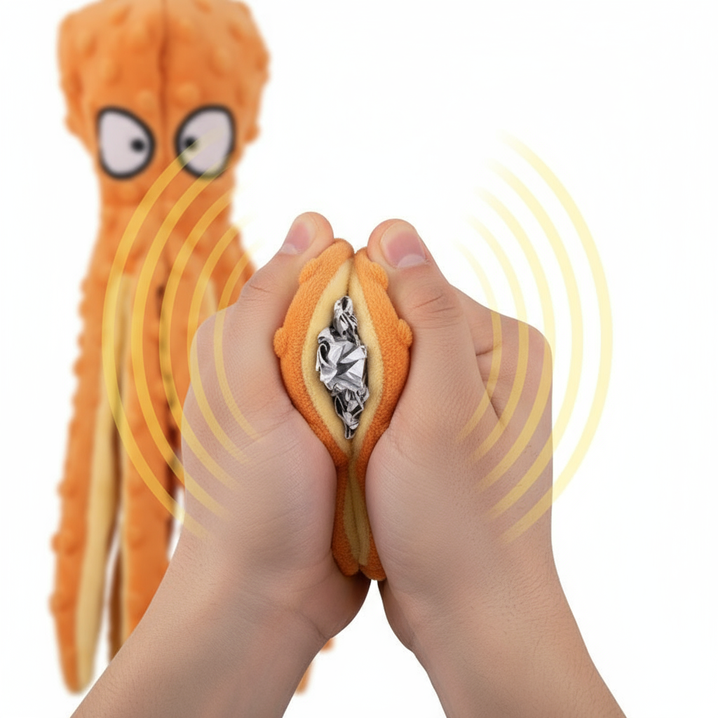  "Crinkle Sound Demonstration - Hand Squeezing Octopus Leg Showing Crinkle Paper Inside"