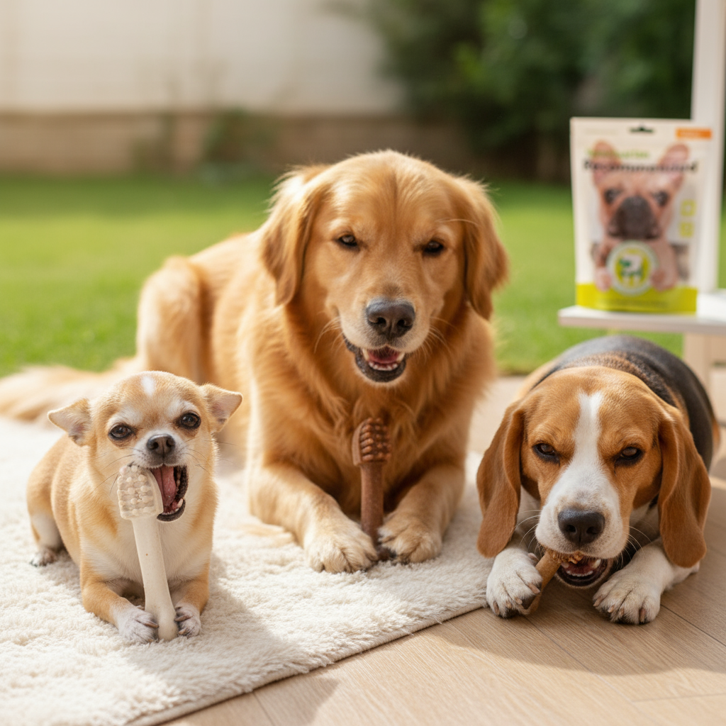  "Three Dog Breeds Enjoying Bone-Shaped Dental Treats with Textured Massage Ends"