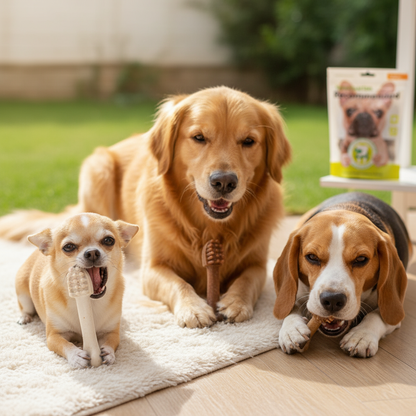  "Three Dog Breeds Enjoying Bone-Shaped Dental Treats with Textured Massage Ends"