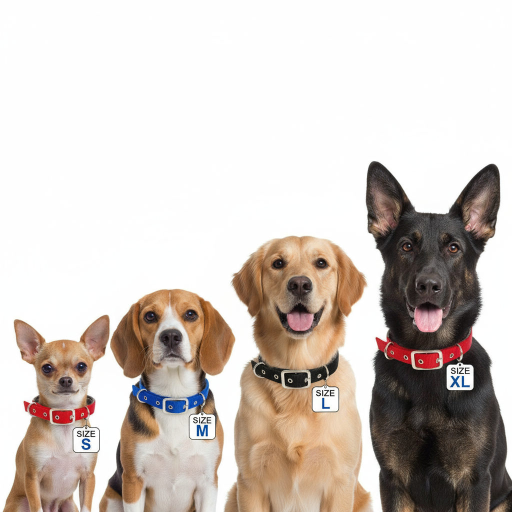 "Four Dog Breeds Wearing Collars - Chihuahua S-size, Beagle M-size, Golden Retriever L-size, German Shepherd XL-size"