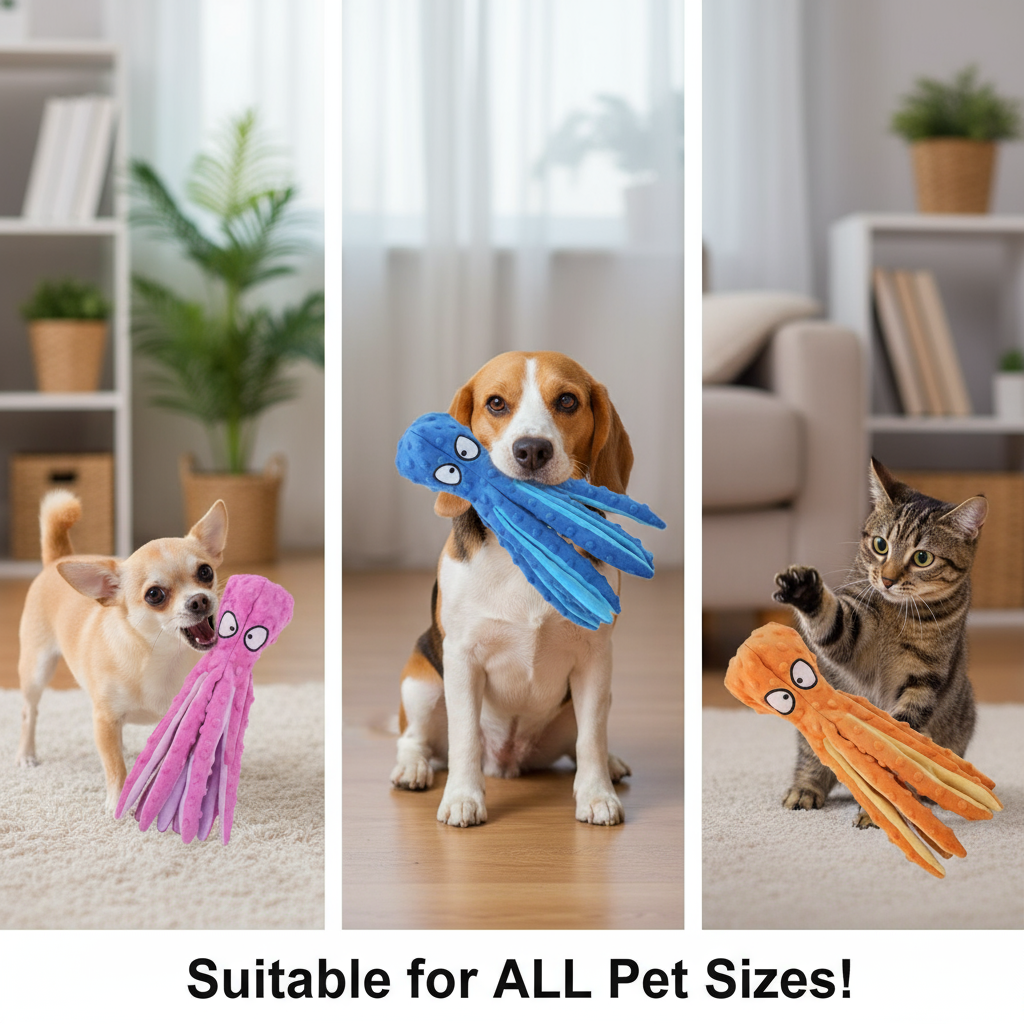  "Suitable for All Pets - Chihuahua, Beagle, Cat Playing with Octopus Toys in Different Colors"