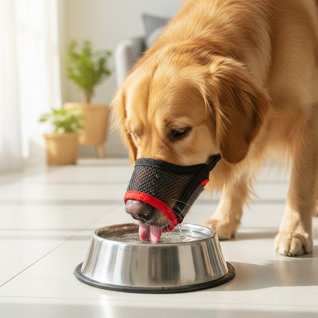  "Dog Drinking Water While Wearing Mesh Muzzle - Breathable Design Allows Drinking"