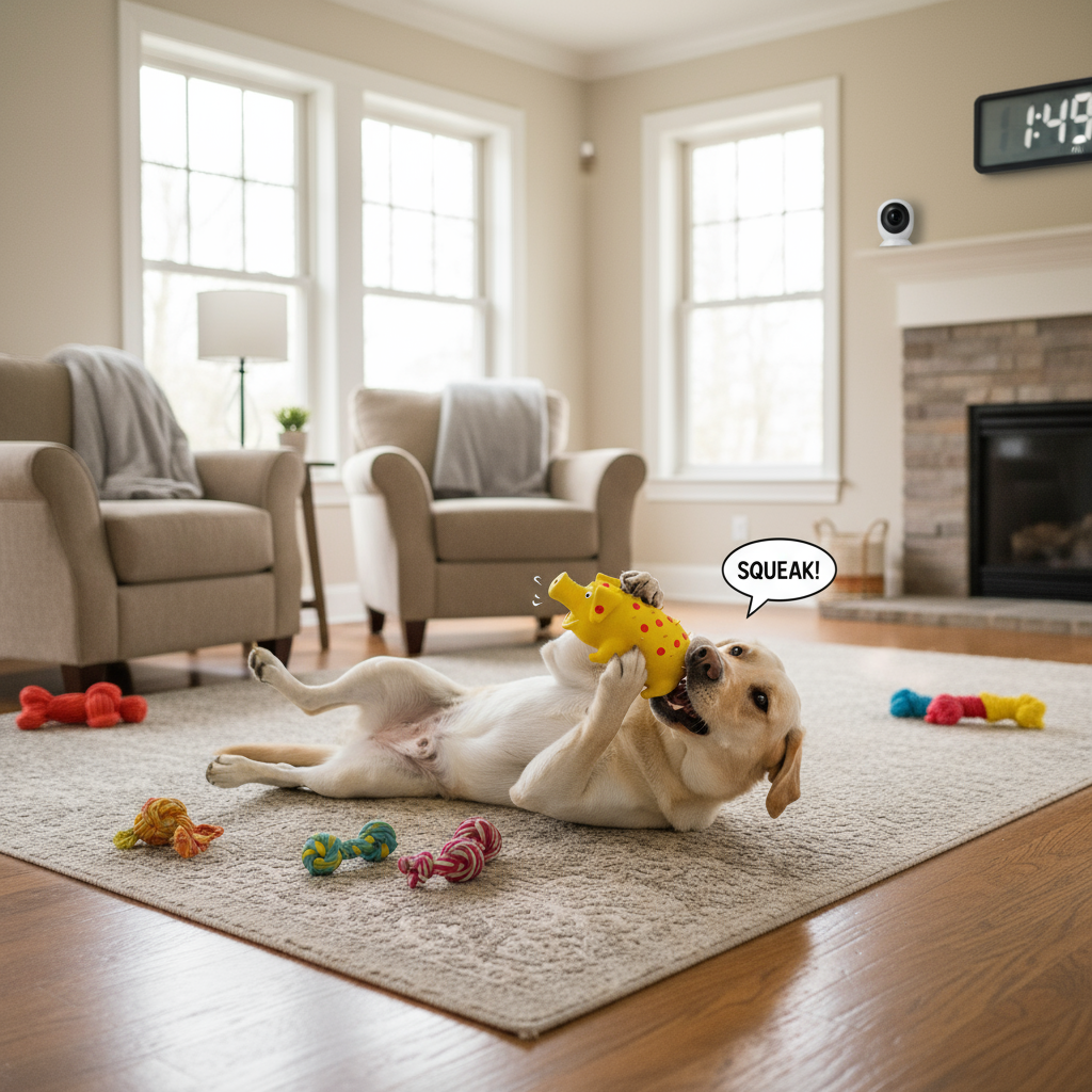 Labrador Home Alone with Purple Pig Toy - Self-Play Feature for Working Pet Owners"