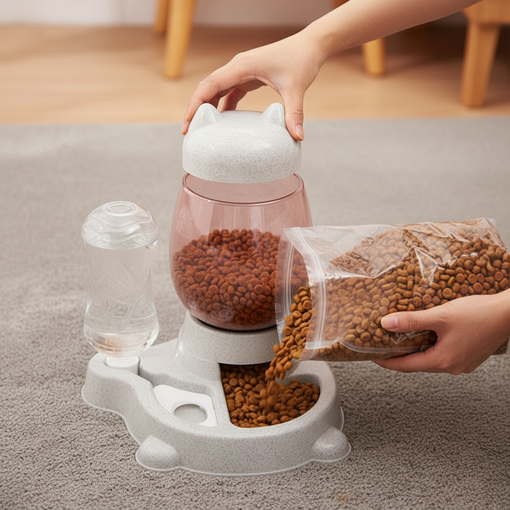  "Filling Tutorial - Hands Pouring Kibble and Water into Automatic Feeder"