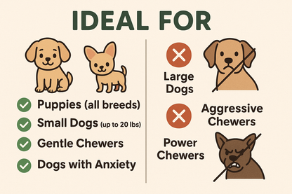 "Plush squeaky toy suitability guide: Ideal for puppies all breeds, small dogs up to 20 lbs, gentle chewers, dogs with anxiety. Not suitable for large dogs, aggressive chewers, or power chewers"
