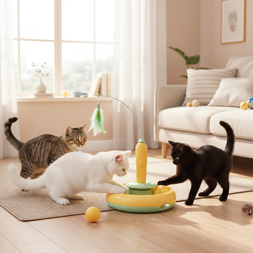Multiple Cats Playing with Turntable Toy - Perfect for Multi-Cat Households"